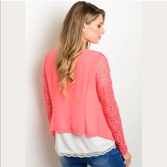 Coral cardigan jacket with pockets. Sheer chiffon. - Picture 5 of 5